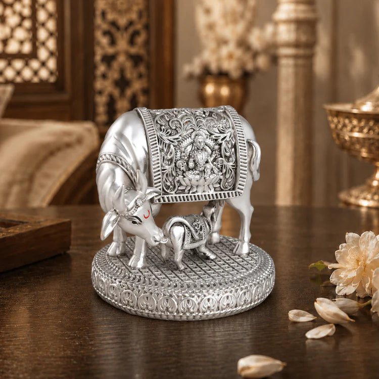 Auspicious Kamdhenu Cow with Calf Idol | Gold and Silver Plated