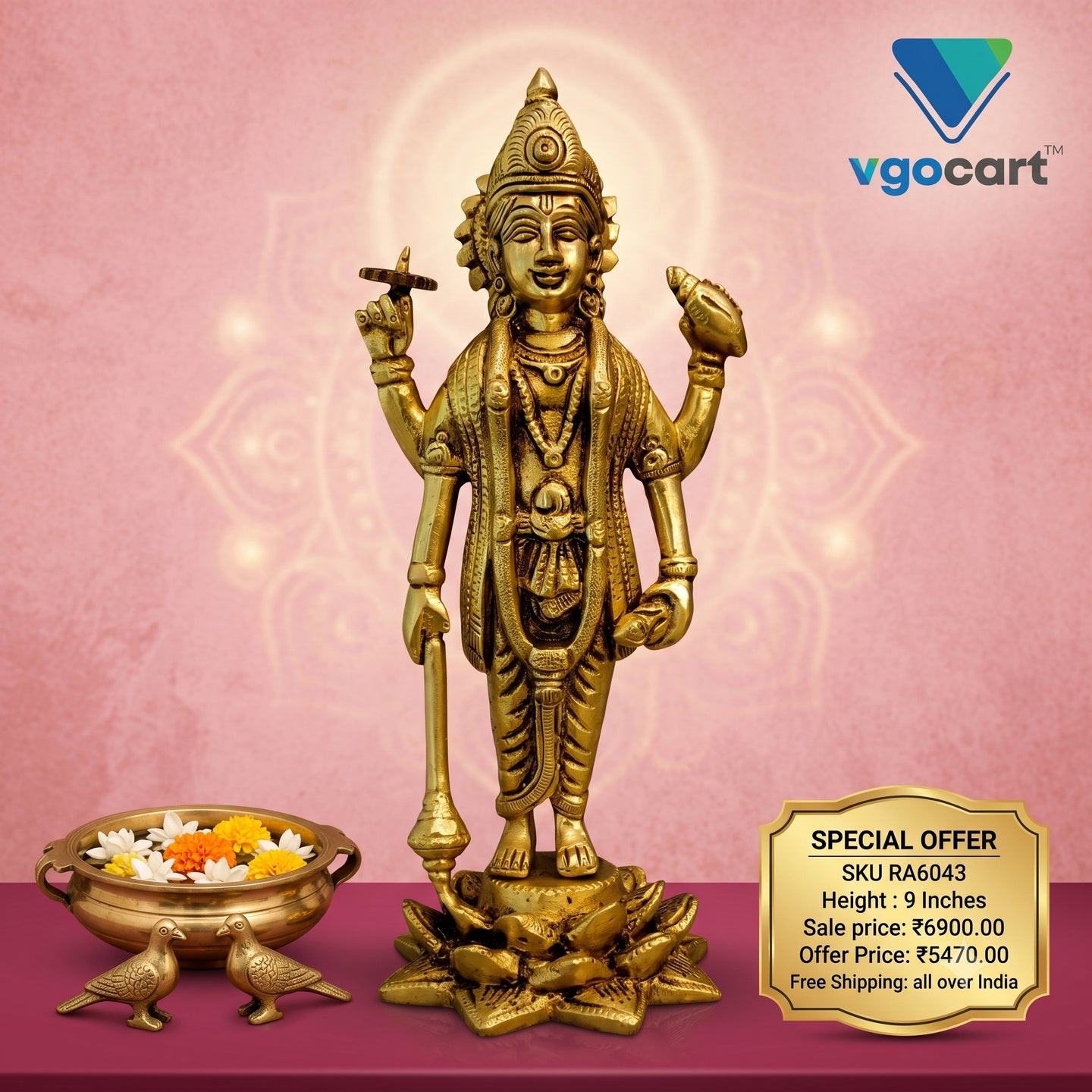 Majestic 9″ Brass Maha Vishnu Idol | Premium Golden Finish Statue for Home Pooja & Vastu