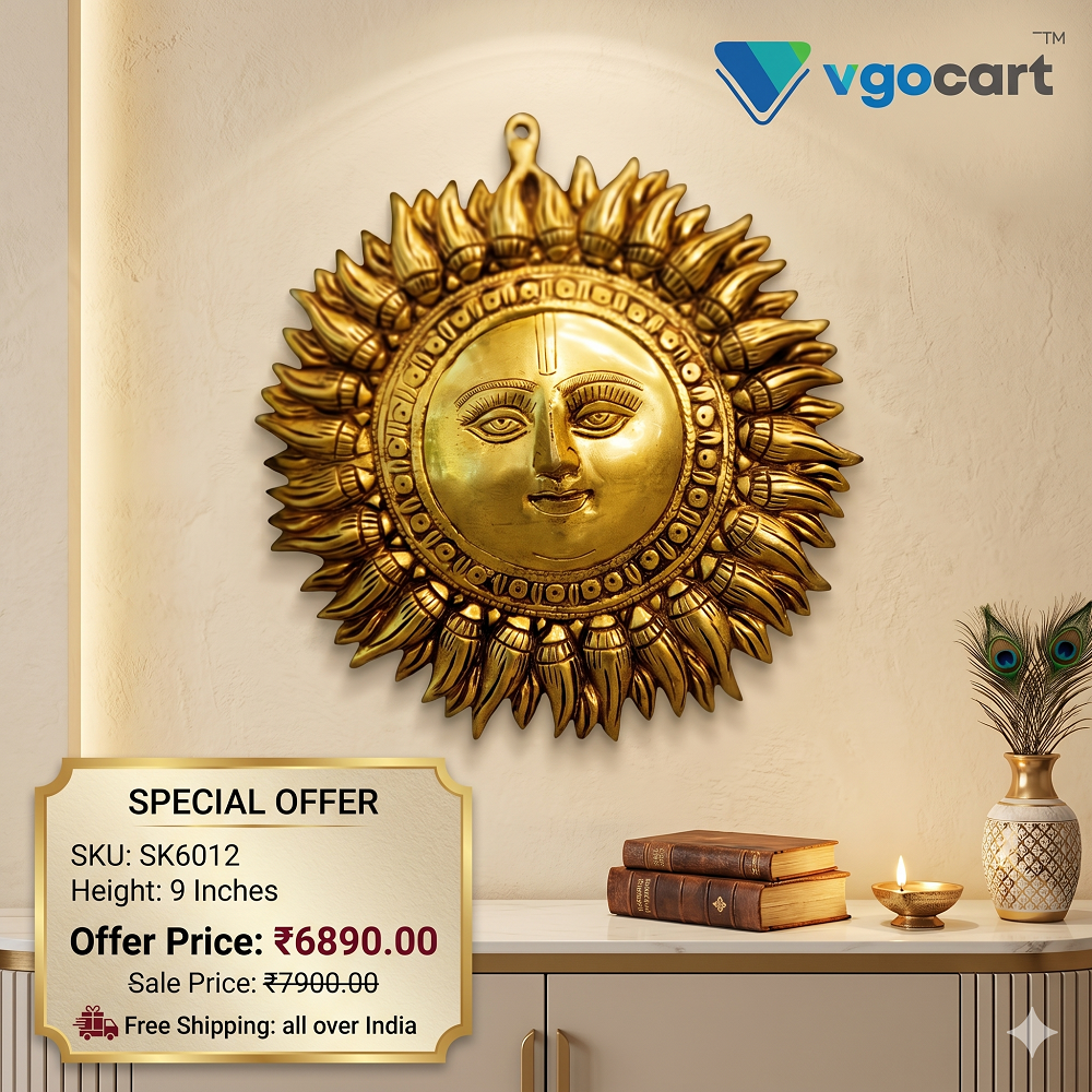 9″ Brass Sun Face Wall Mount | Surya Dev Decorative Wall Hanging for Home, Entrance & Vastu Decor