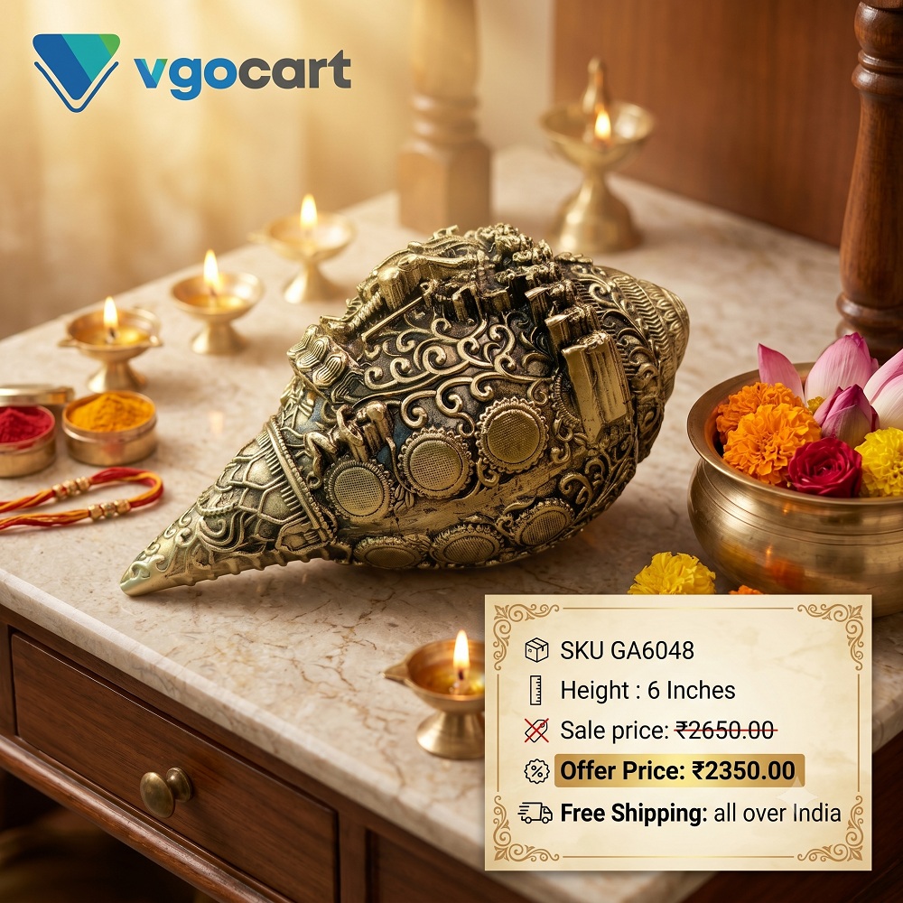 6″ Brass Fine Art Dasavatharam Sangu | Lord Vishnu Dashavatara Conch Showpiece for Pooja & Home Décor