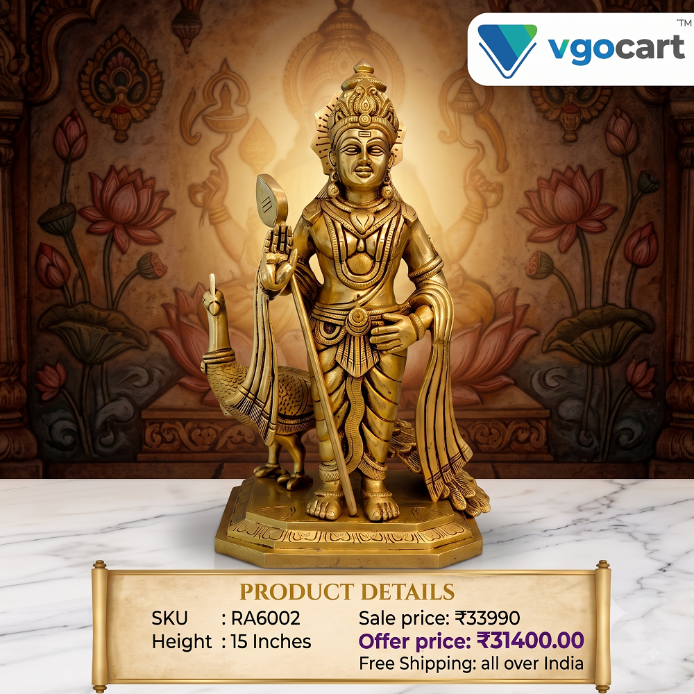 Majestic Brass Deity with Vel & Peacock Murugan