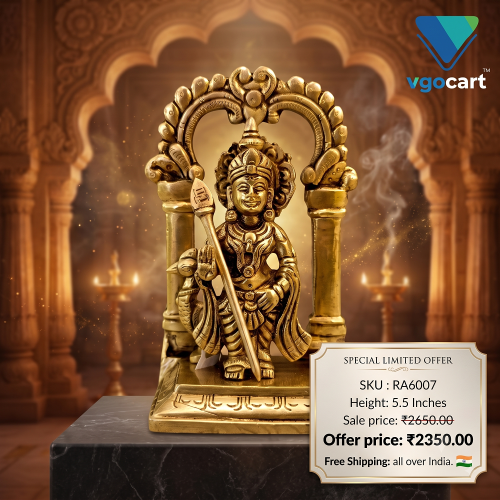 Antique Brass Lord Murugan Swamy with Arch and Peacock