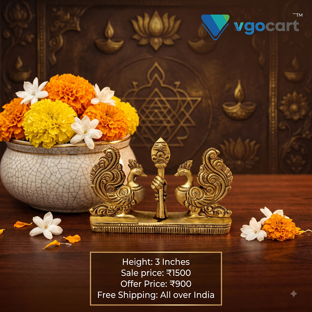 Brass Murugan Vel with Twin Peacock Idol on Rectangle Base