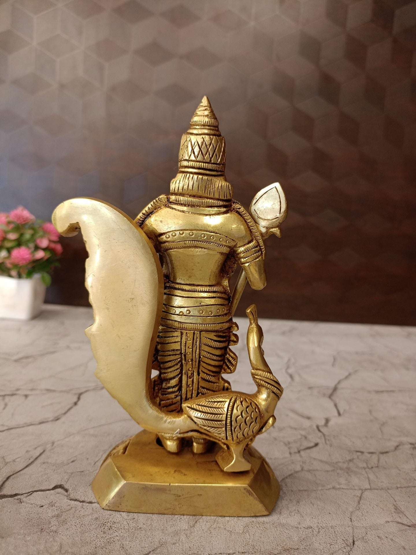 Brass Murugan with Peacock Idol 7 Inch | Lord Murugan Subramanya Statue | Traditional Hindu God Idol for Pooja Room & Home Temple