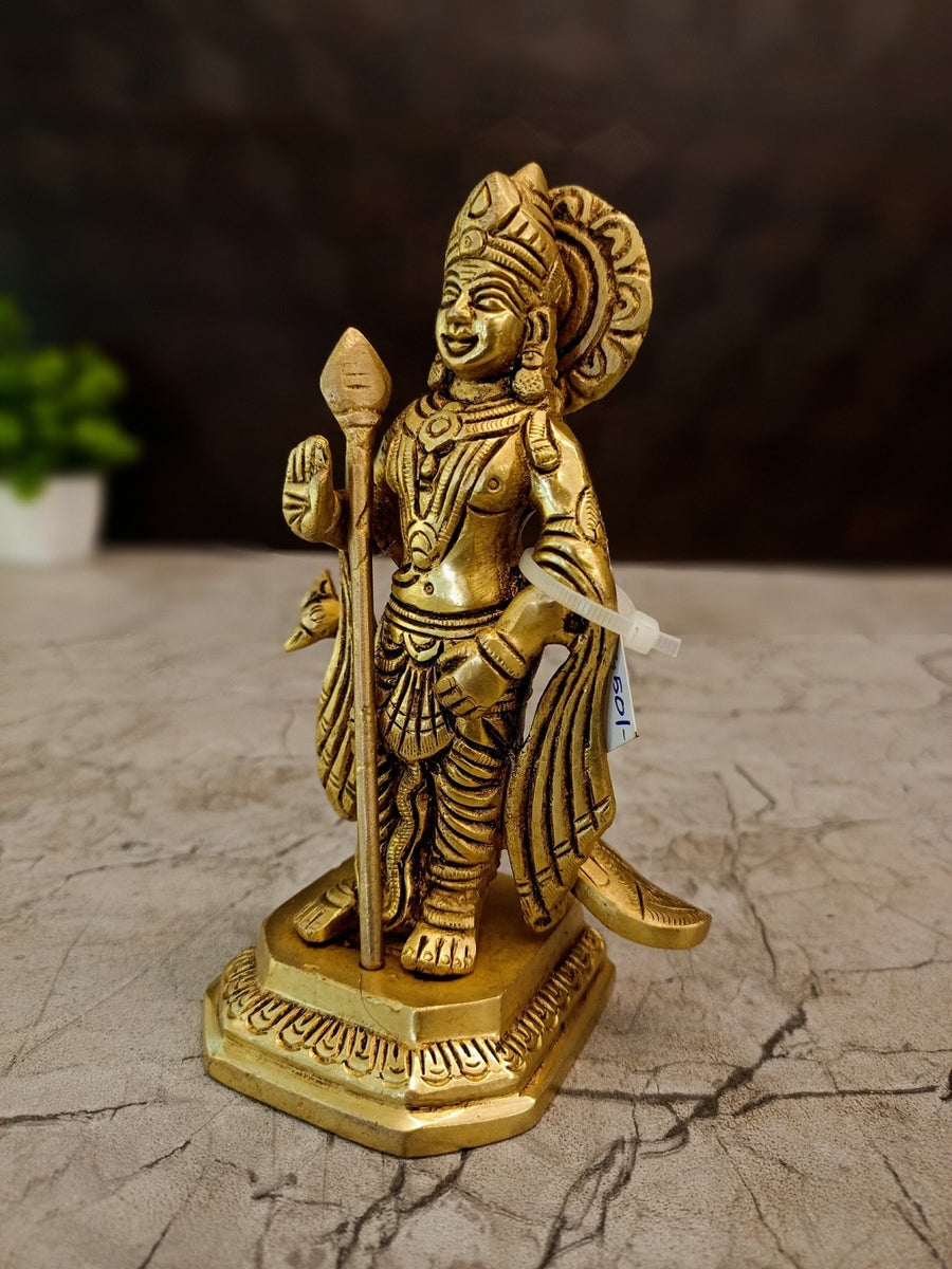 5.5-Inch Premium Brass Murugan Idol with Peacock & Sacred Vel