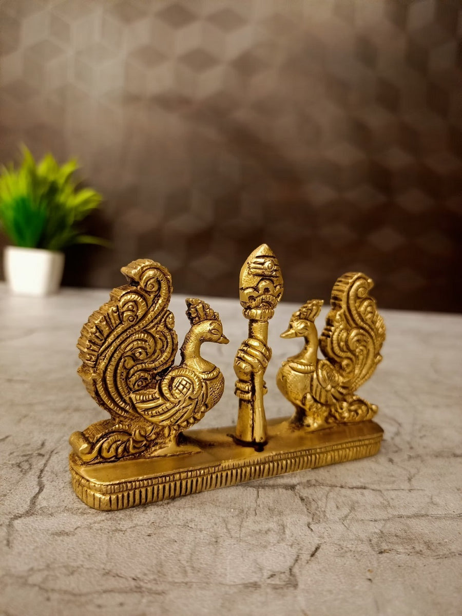 3-Inch Brass Murugan Vel with Twin Peacock Design on Rectangle Base