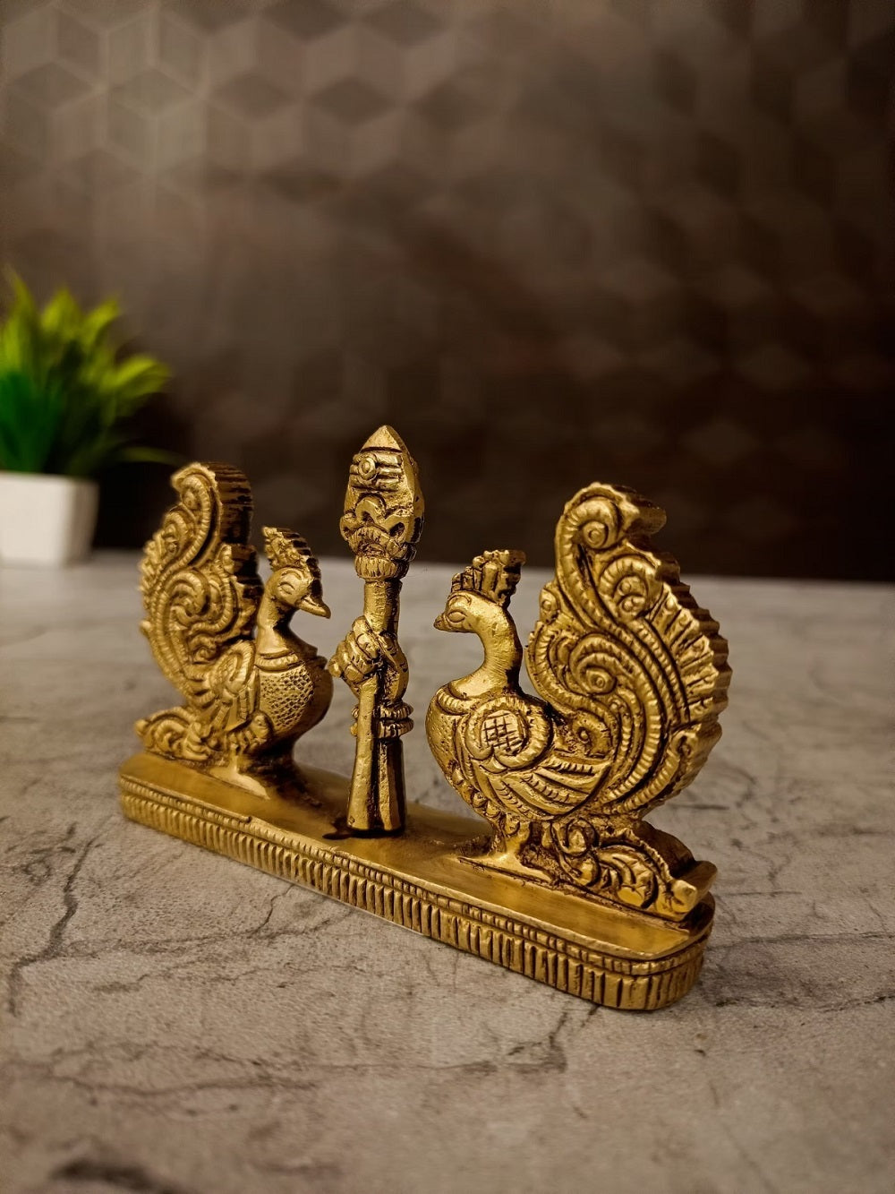 Brass Murugan Vel with Twin Peacock Idol on Rectangle Base