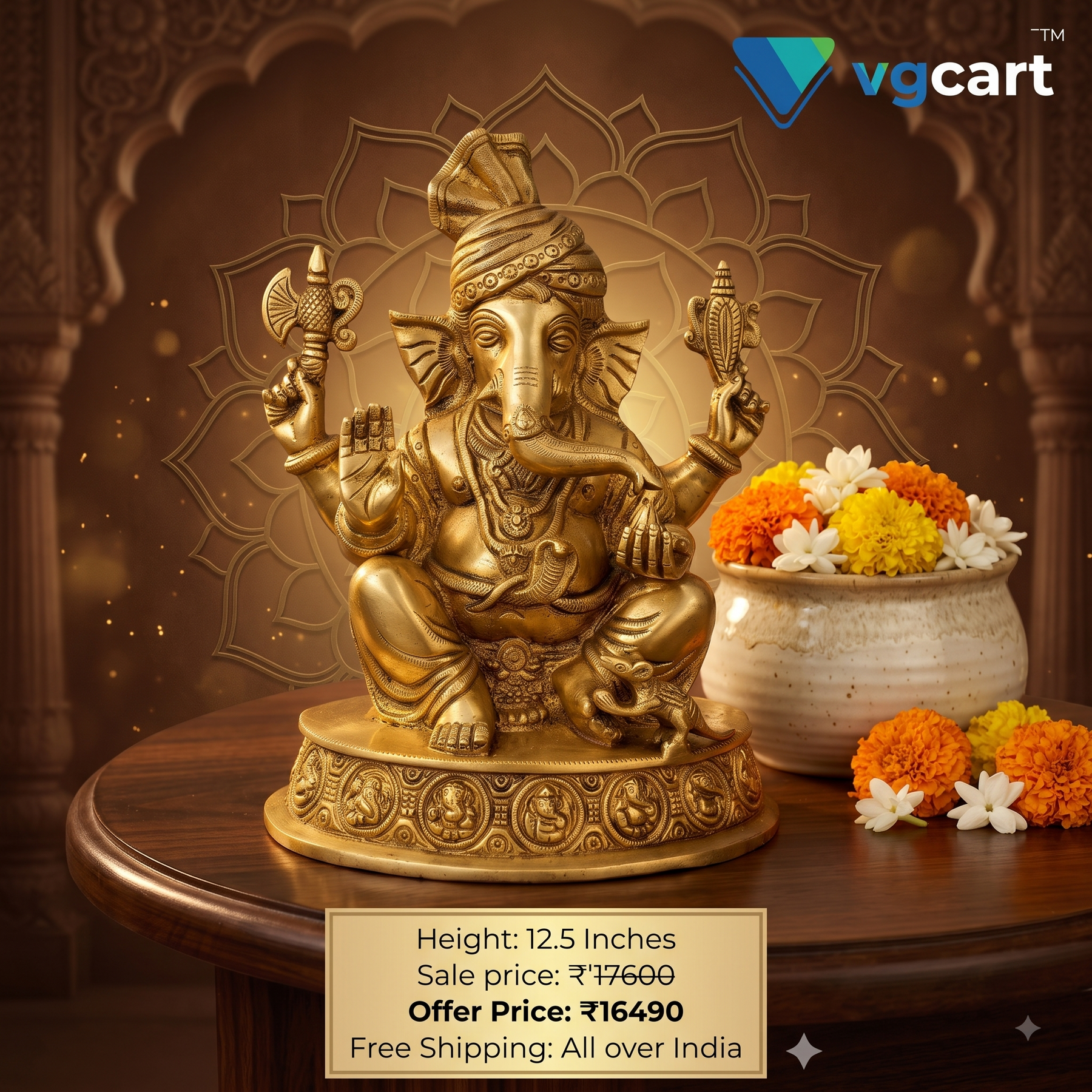Brass Pagadi Ganesha Idol 12.5 Inch | Traditional Lord Ganesha Statue for Pooja Room, Home Decor & Gifting