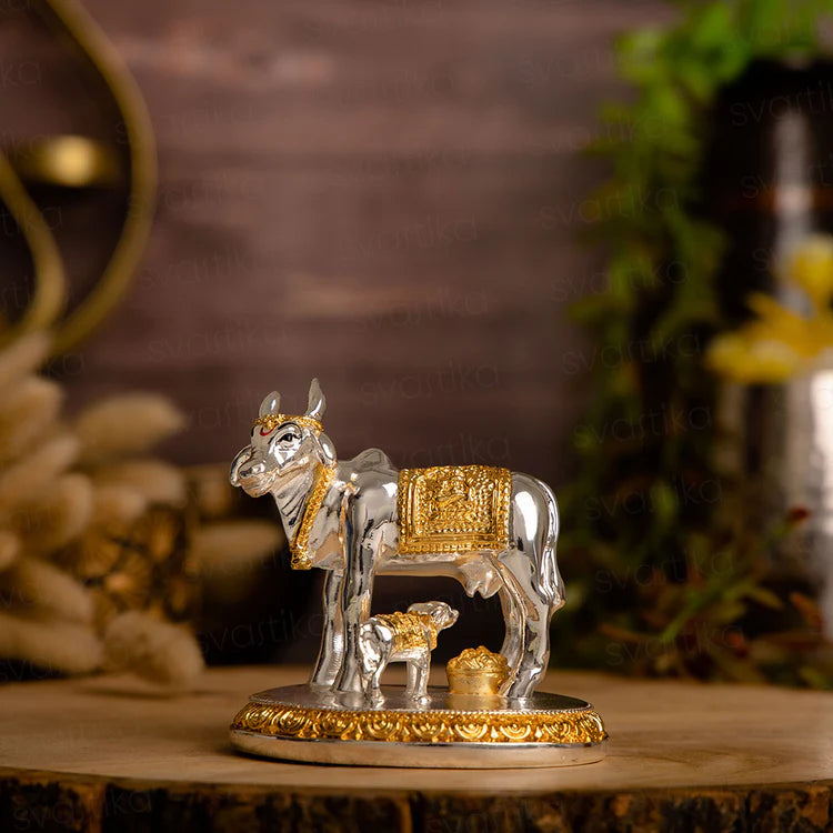 Auspicious Kamdhenu Cow with Calf Idol | Gold and Silver Plated