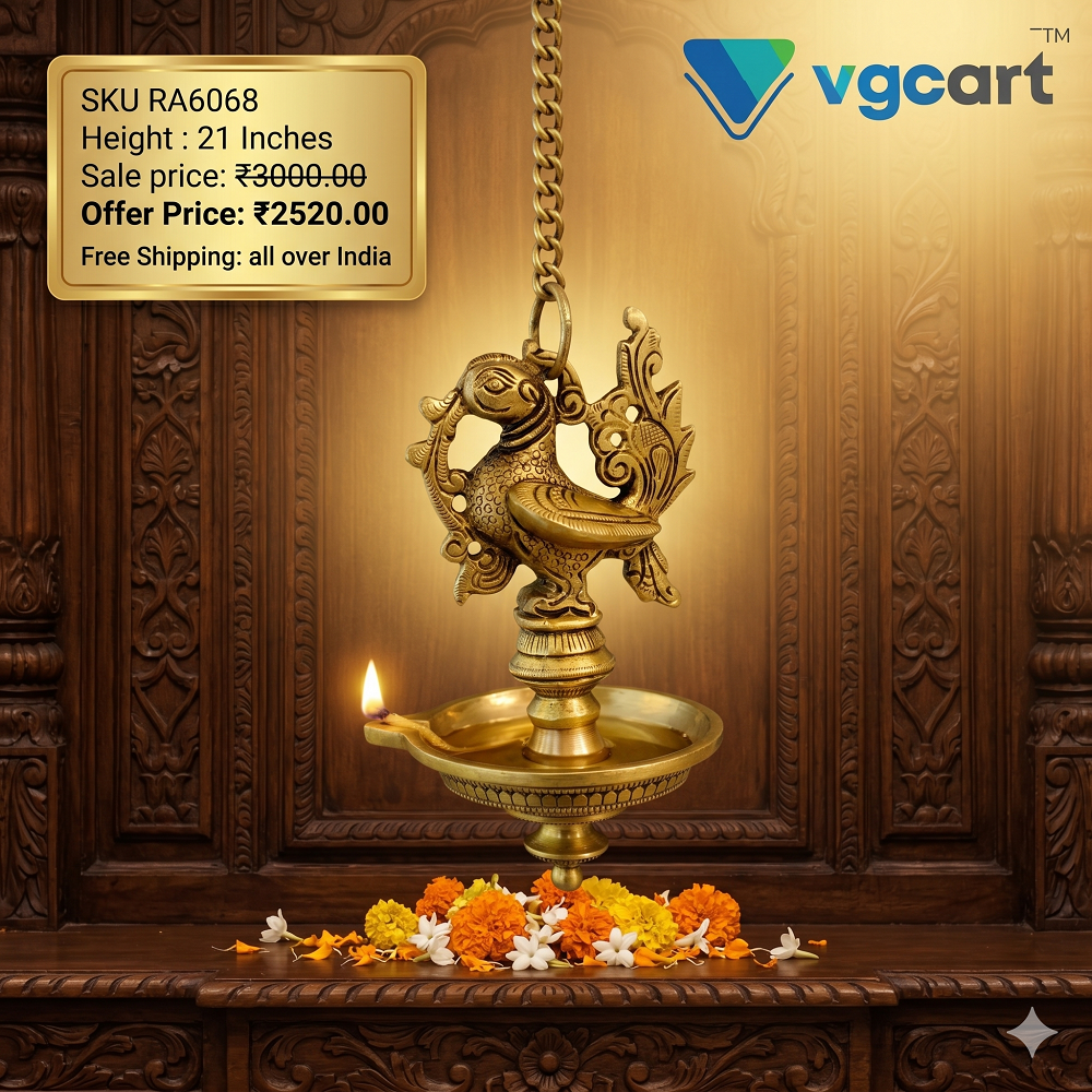 Antique Brass Peacock Hanging Diya | Traditional Single Face Hanging Oil Lamp with Peacock Design | 21 Inch Brass Pooja Lamp for Home & Temple Décor