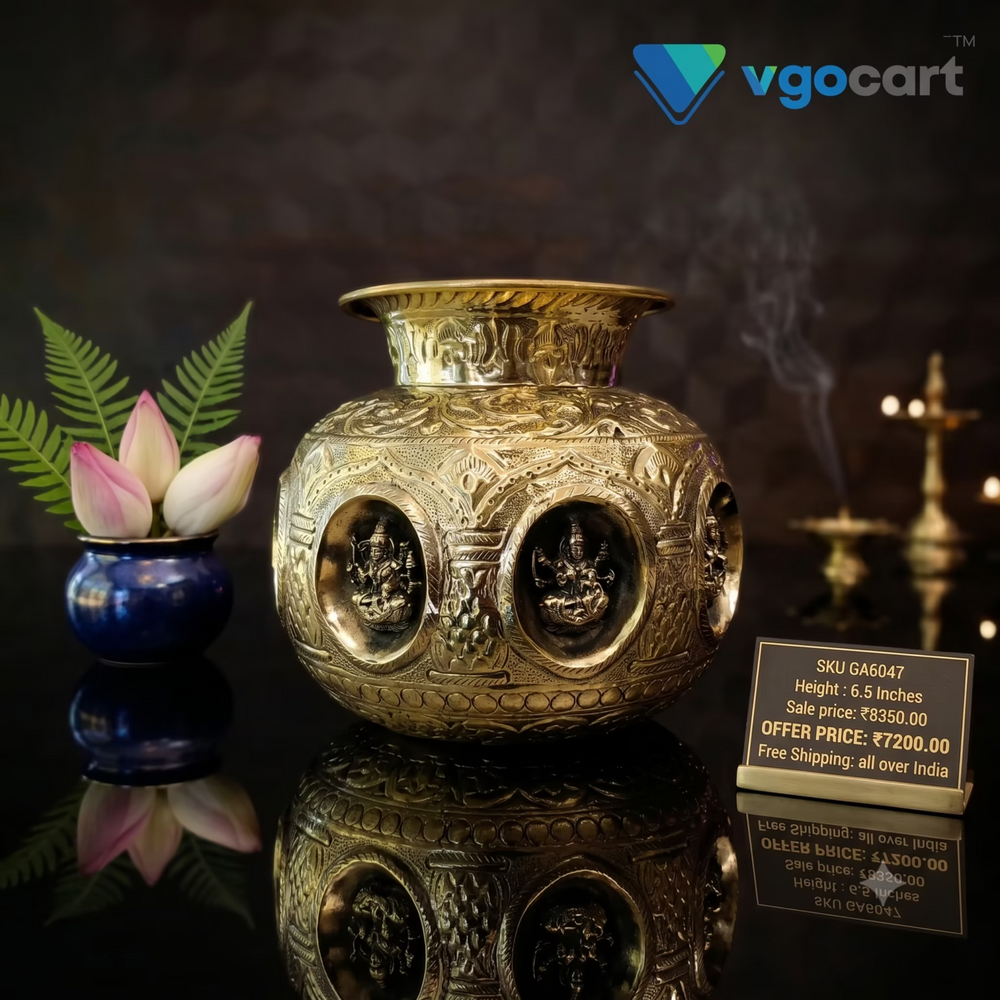 Antique Brass Decorative Ashtalakshmi Kalasam With Divine Deity Embossed Design | Traditional Indian Brass Home Décor
