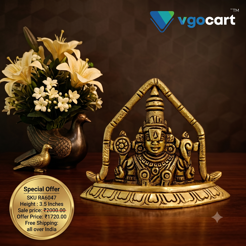 Antique Brass Lord Venkateswara Idol | Seated Balaji Srinivasa Statue with Ornate Arch | 3.5 Inch Hindu God Idol for Pooja & Home Décor