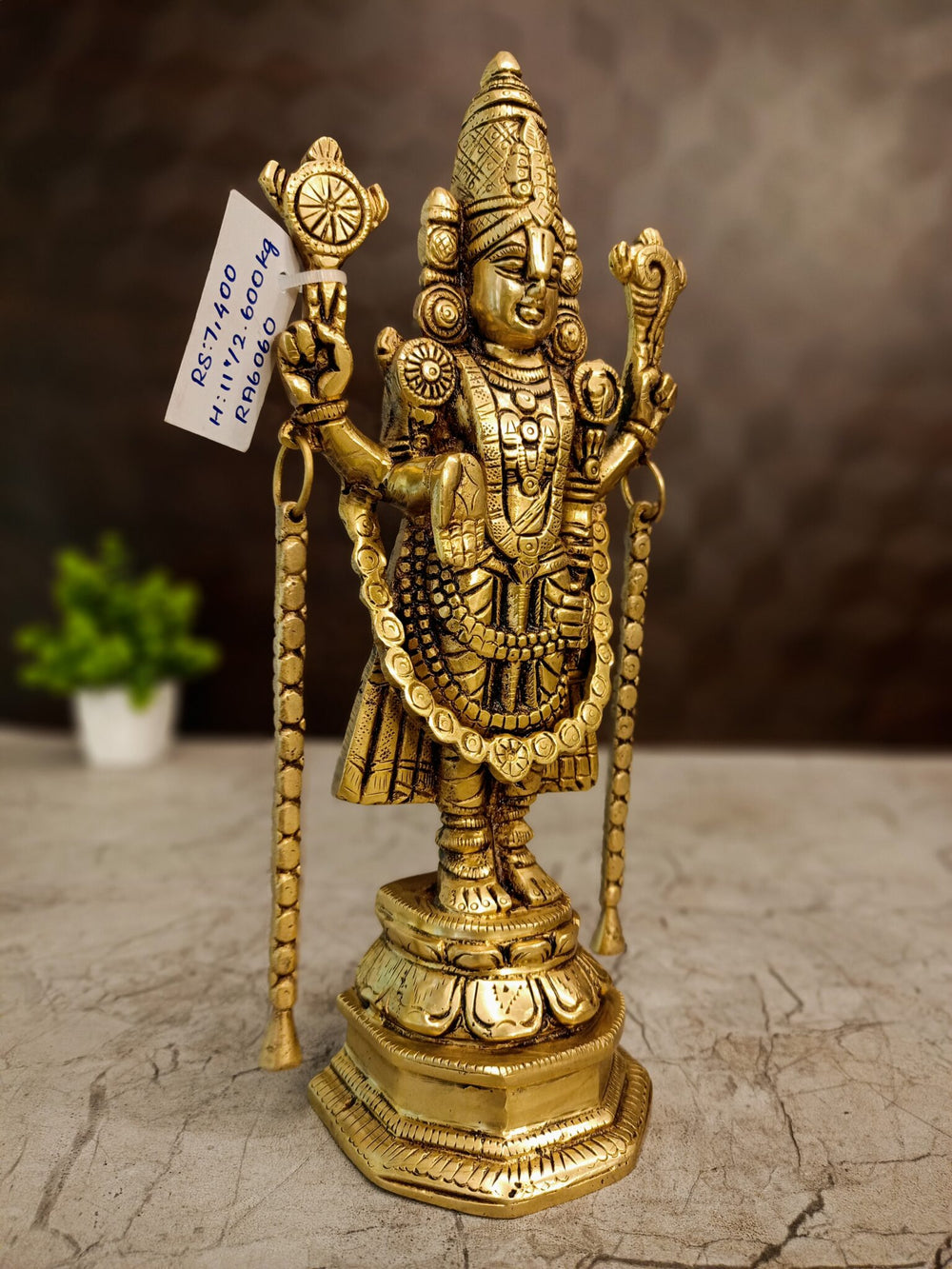 Antique Brass Lord Venkateswara Idol | Sri Balaji Srinivasa Statue with Shangu Chakra & Traditional Temple Detailing | 11 Inch Pooja Decor