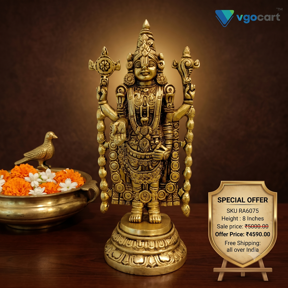 Antique Brass Lord Venkateswara Idol | Sri Balaji Srinivasa Statue with Shangu Chakra | Traditional 8 Inch Hindu God Idol for Pooja Room & Home Decor