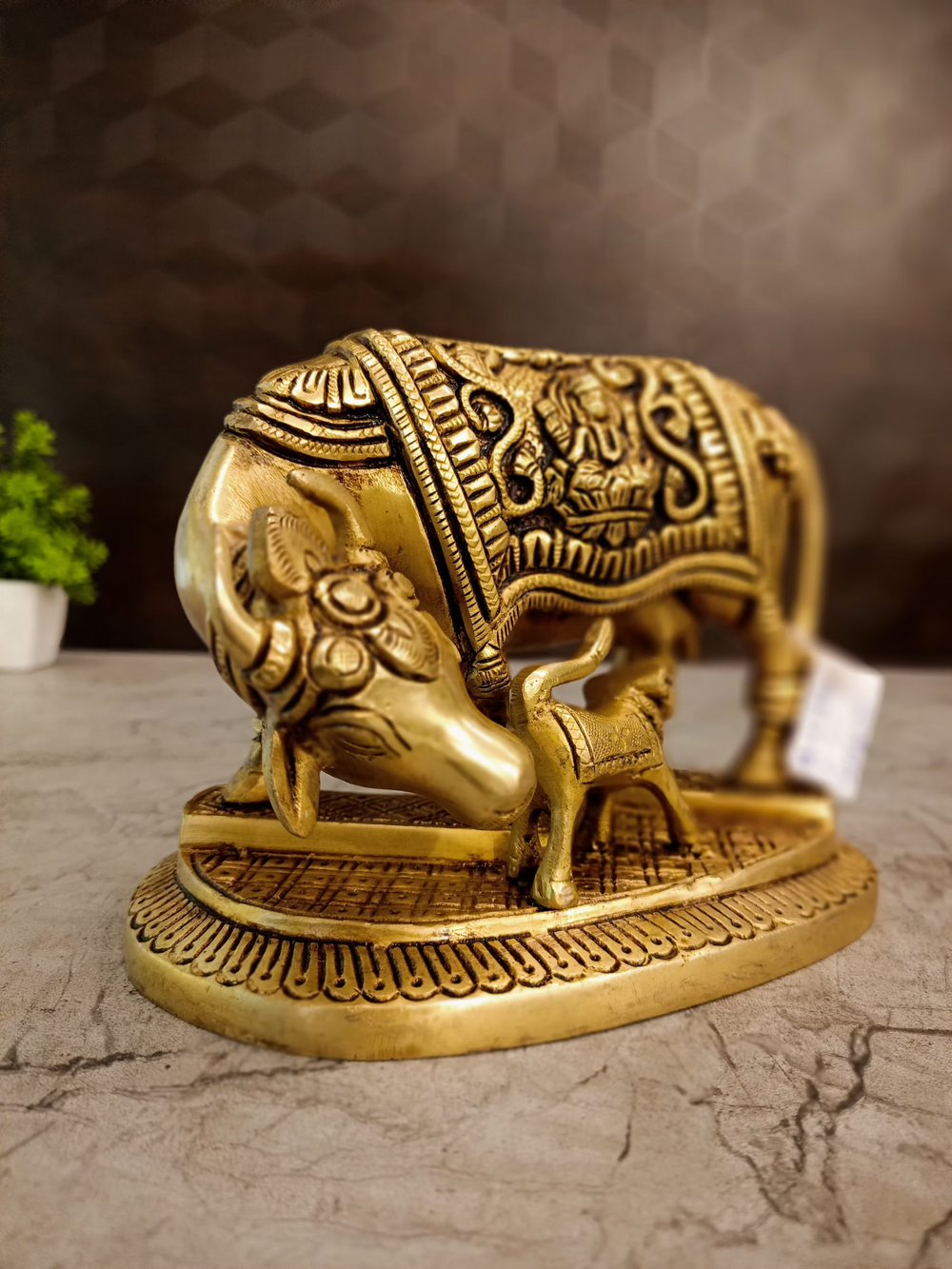 Antique Brass Kamadhenu Cow & Calf Idol | Traditional Sacred Cow Statue with Ornate Embossed Design | 5 Inch Pooja Room & Home Décor