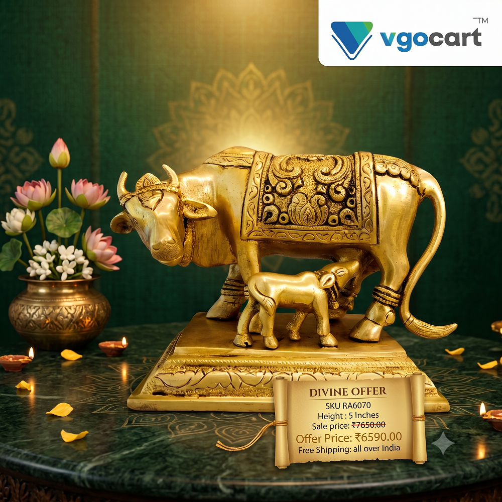 Antique Brass Cow & Calf Idol | Traditional Kamadhenu Brass Statue with Ornate Embossed Design | 5 Inch Pooja & Home Décor
