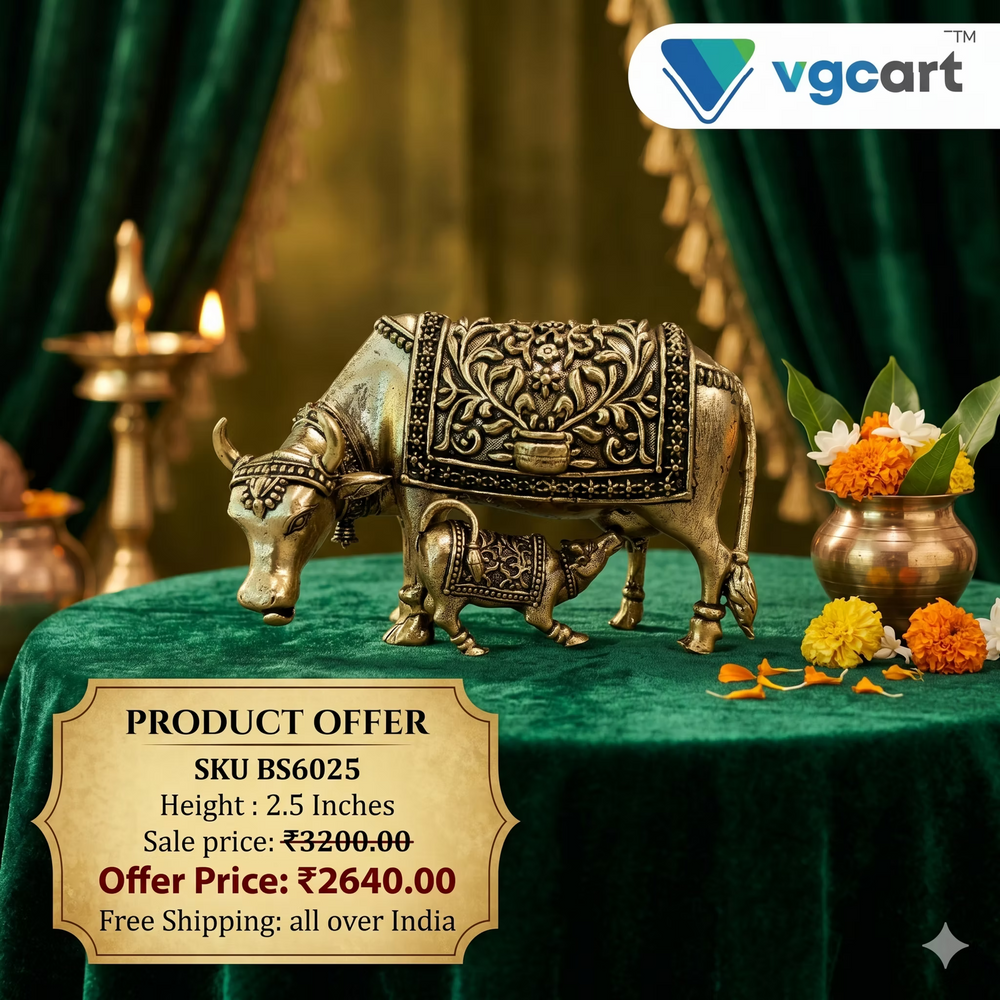 Antique Brass Cow & Calf Idol | Traditional Kamadhenu Brass Statue with Ornate Embossed Design | 2.5 Inch Pooja & Home Decor
