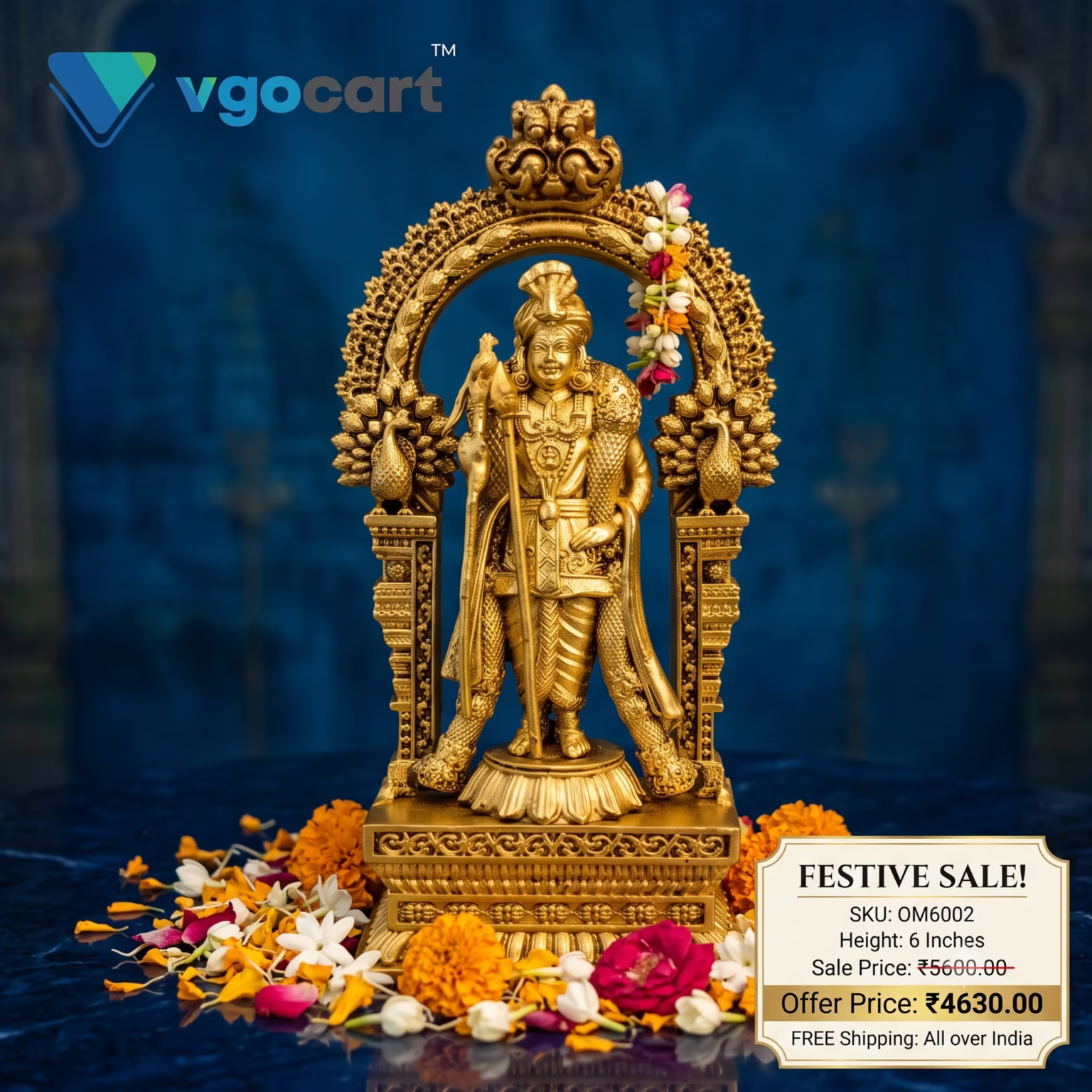 Brass Thiruchendur Murugan idol with Peacock Prabhavali antique golden finish