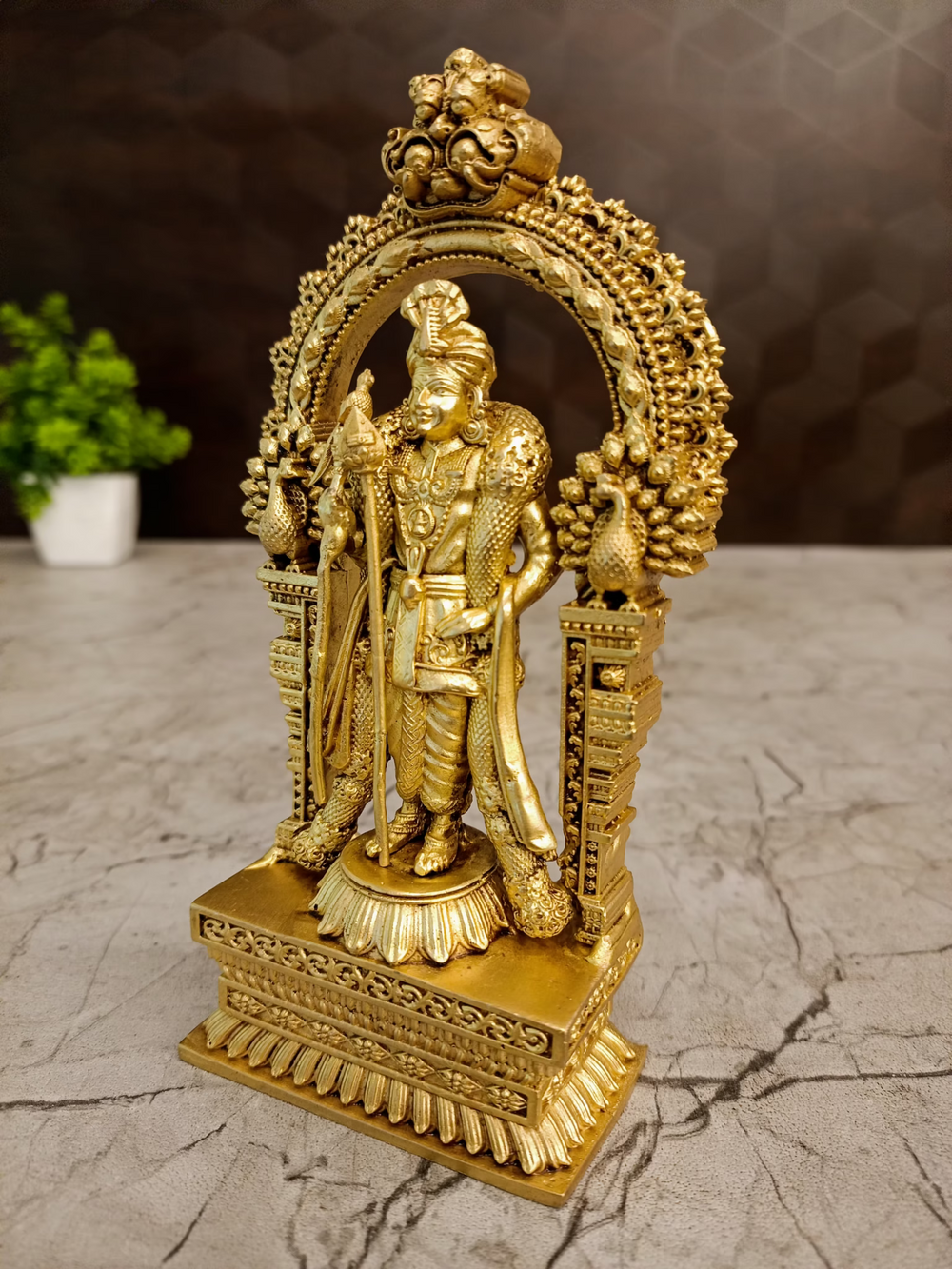 6 inch Brass Murugan idol with ornate Peacock Prabhavali for pooja room