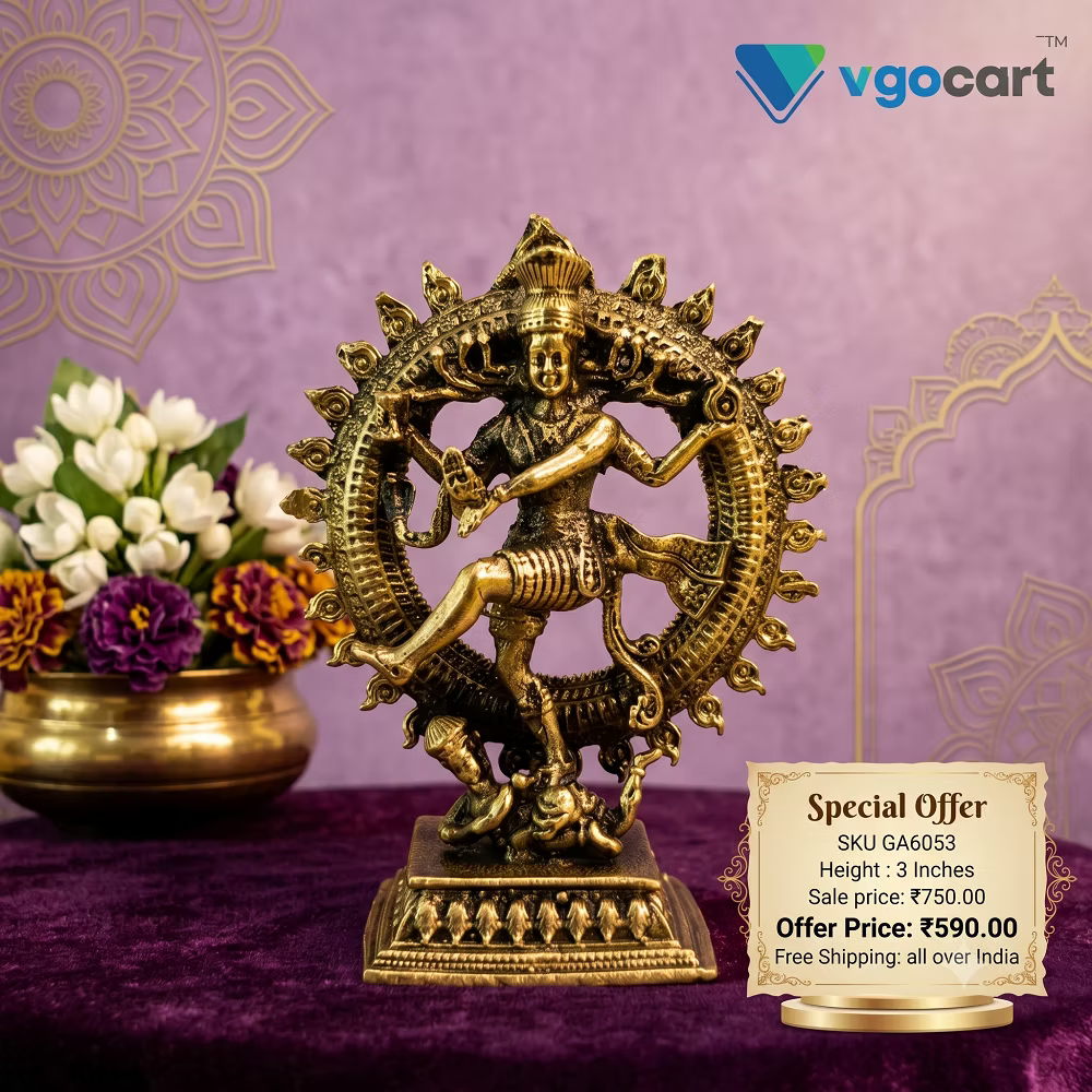 Antique Brass Nataraja Idol | Traditional Lord Shiva Dancing Statue with Prabhavali | 3 Inch Brass Nataraja for Pooja Room & Home Décor