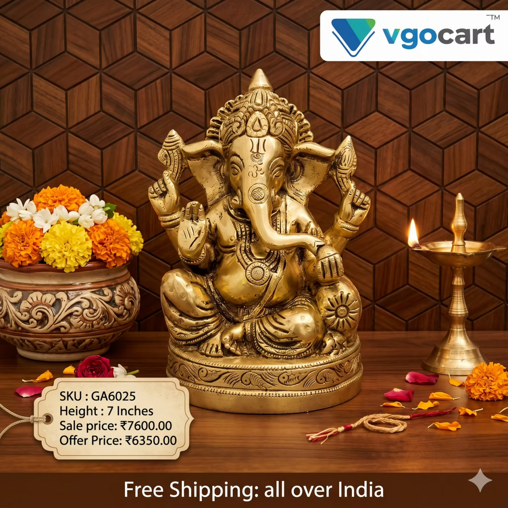 Divine Antique Brass Ganesha – Traditional Temple Artistry - 7 Inch Pooja Decor