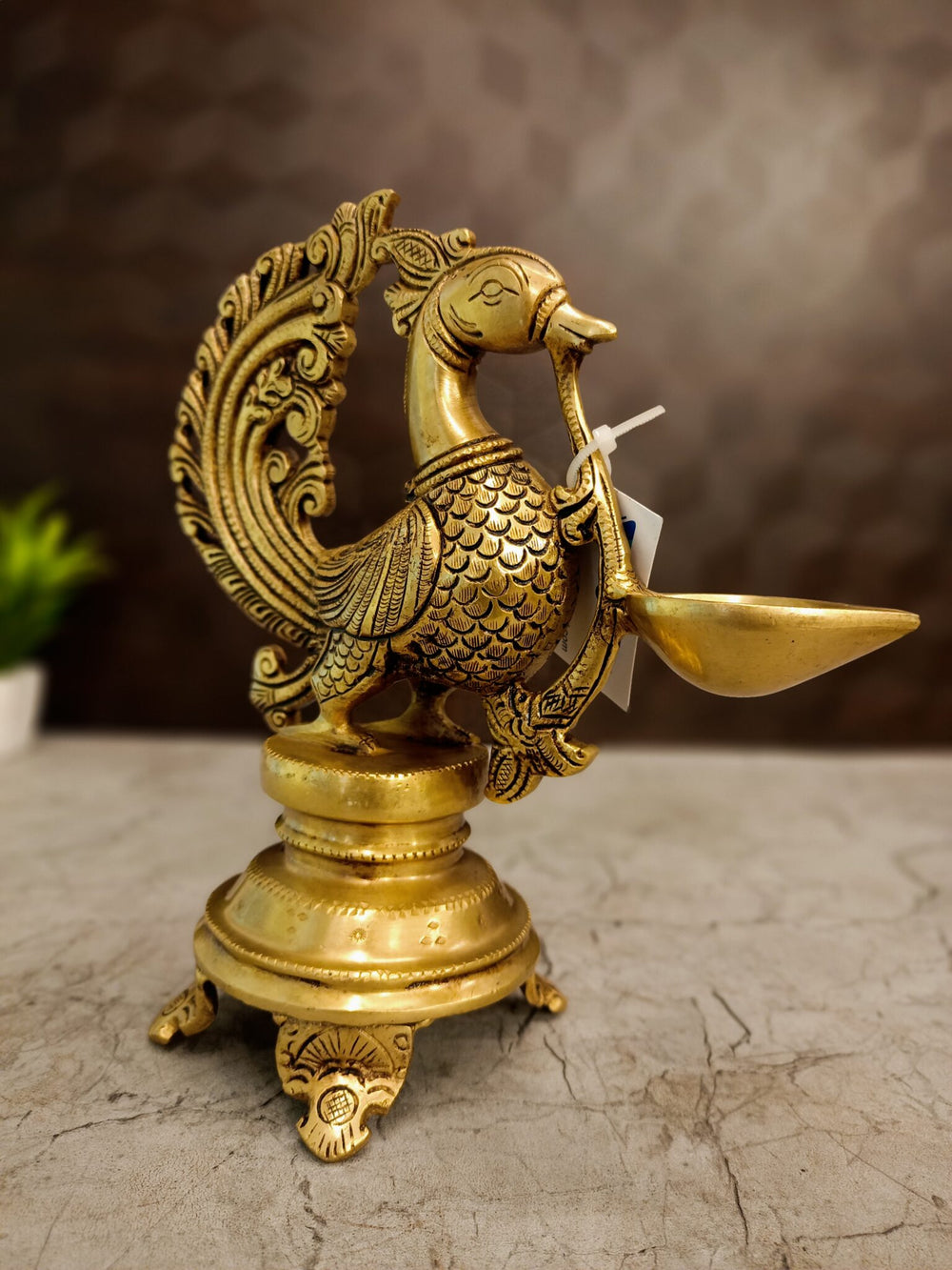 Antique Brass Annam Diya | Traditional Single Face Annam Vilakku with Peacock Design | 8.5 Inch Brass Oil Lamp for Pooja & Home Decor