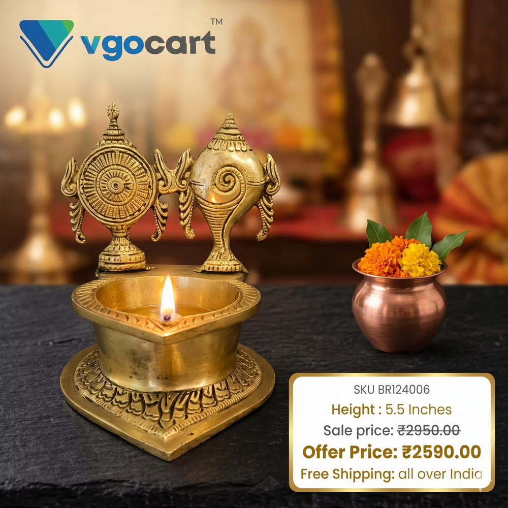 Divine Shankha Chakra Brass Deepam – Traditional Vishnu Symbol Decor
