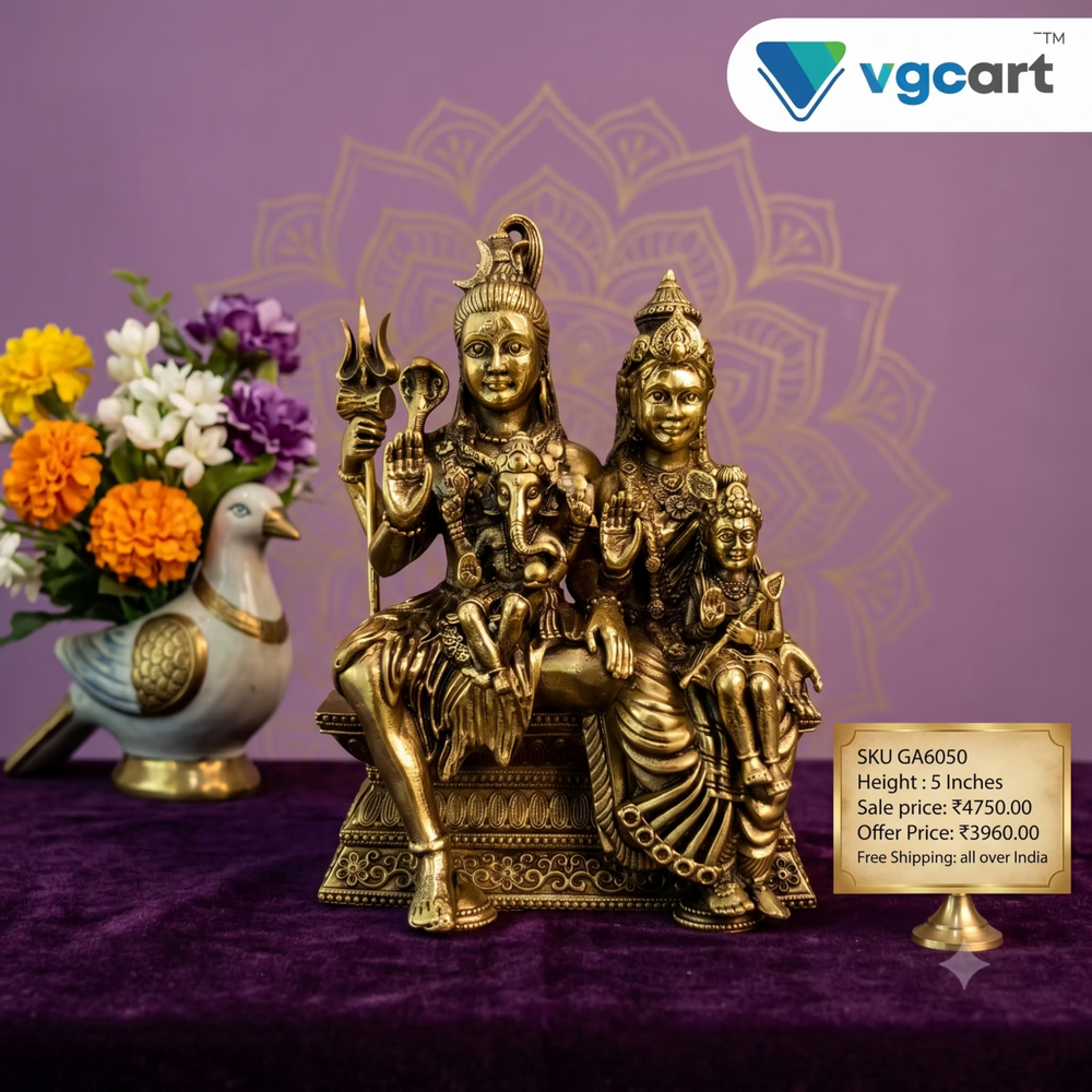 Antique Brass Shiva Parvati Family Idol | Lord Shiva with Goddess Parvati Ganesha & Murugan | 5 Inch  God Statue