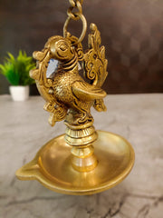 Antique Brass Peacock Hanging Diya | Traditional Single Face Hanging Oil Lamp with Peacock Design | 21 Inch Brass Pooja Lamp for Home & Temple Décor